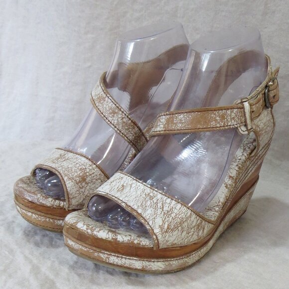 Bed Stu White Leather Distressed Wedge Slingback Sandal SIZE 7 Wood Heel - Picture 1 of 16